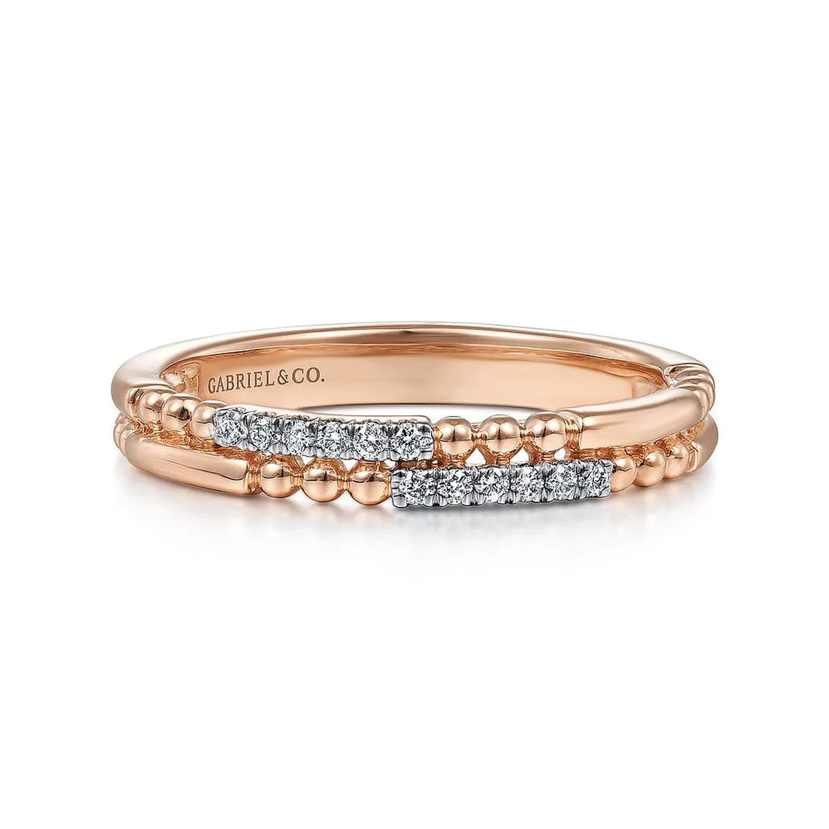 14K Rose Gold Two Row Beaded Diamond Stackable Ring - LR51456K45JJ