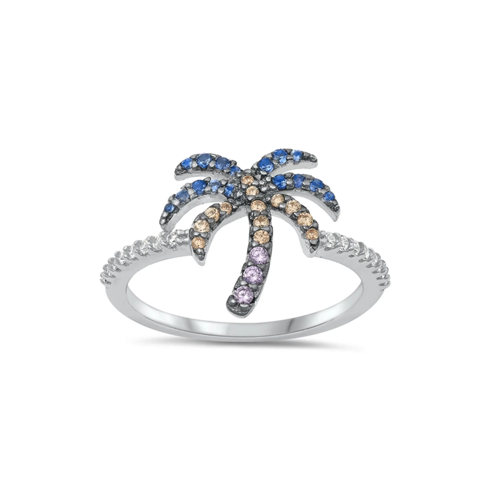 925 Sterling Silver Hawaiian Island Palm Tree Ring With Multi-Color Cubic Zirconia.