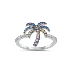 925 Sterling Silver Hawaiian Island Palm Tree Ring With Multi-Color Cubic Zirconia.