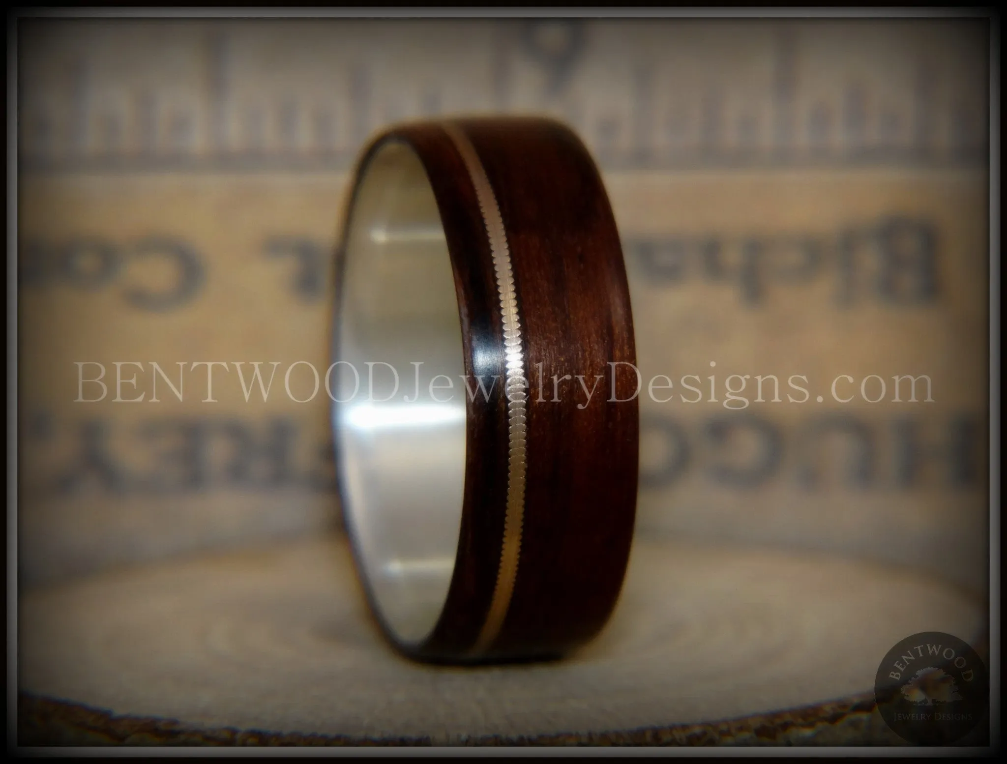 Bentwood Ring - "Acoustic Minimalist" Macassar Ebony Wood Ring on Fine Silver Core with Bronze Acoustic Guitar String Inlay