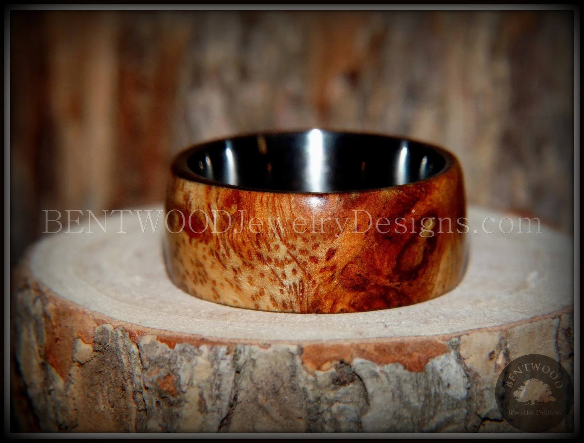 Bentwood Ring - "Exotic" Afzelia Burl (Rare) Wood Ring with Surgical Grade Stainless Steel Comfort Fit Metal Core