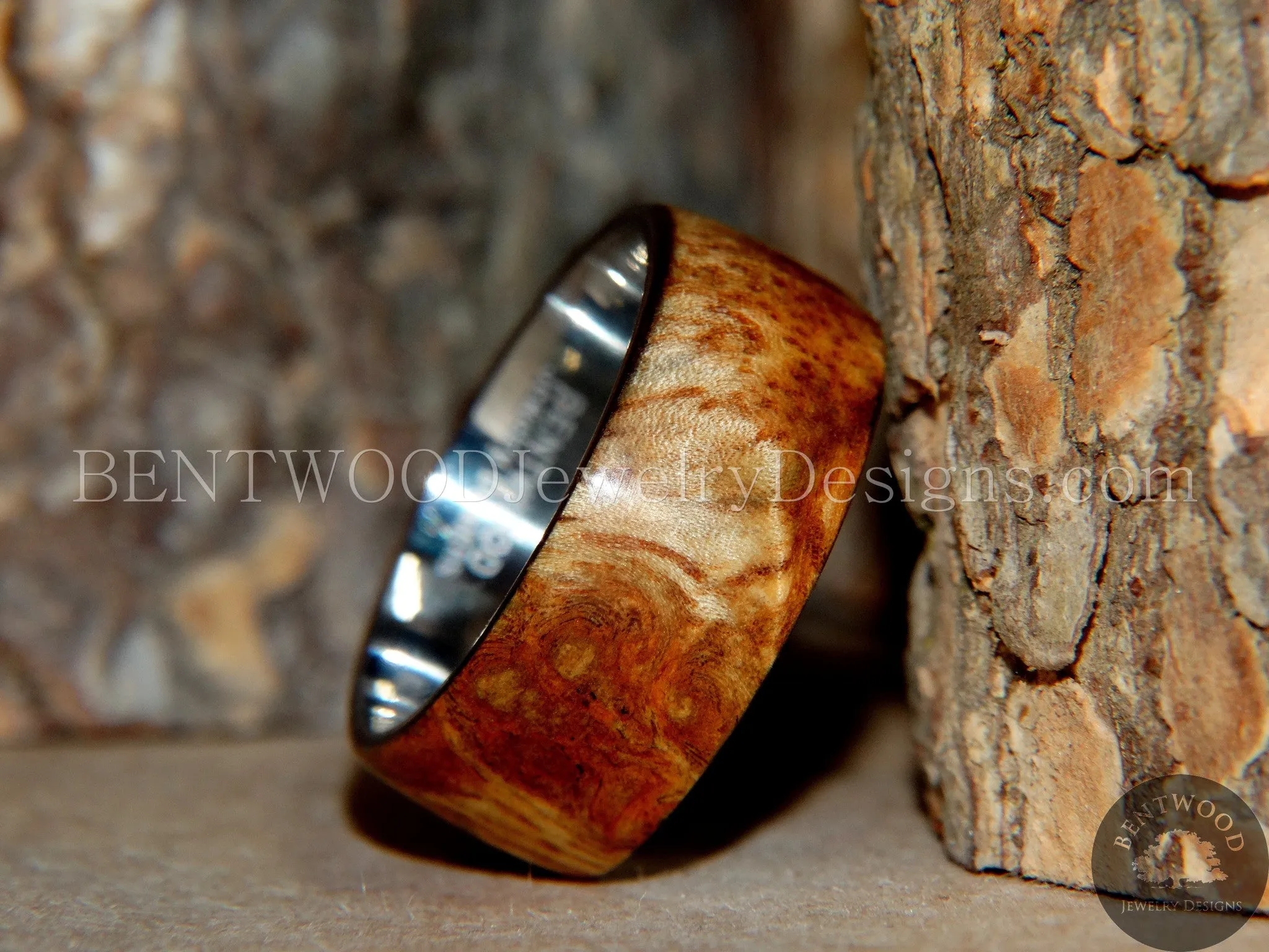 Bentwood Ring - "Exotic" Afzelia Burl (Rare) Wood Ring with Surgical Grade Stainless Steel Comfort Fit Metal Core