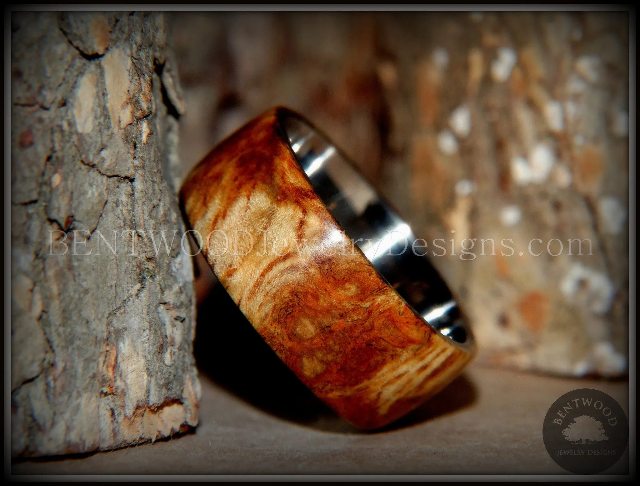 Bentwood Ring - "Exotic" Afzelia Burl (Rare) Wood Ring with Surgical Grade Stainless Steel Comfort Fit Metal Core
