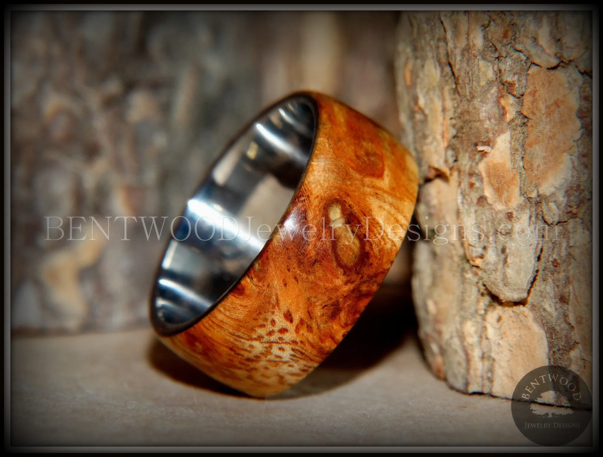 Bentwood Ring - "Exotic" Afzelia Burl (Rare) Wood Ring with Surgical Grade Stainless Steel Comfort Fit Metal Core