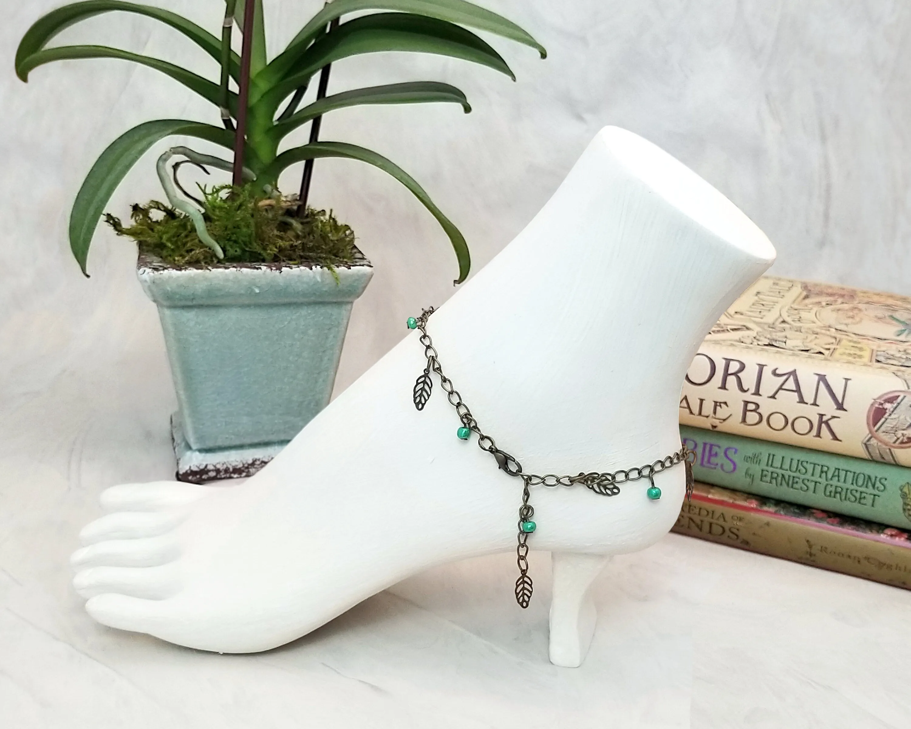 Chain Anklet or Bracelet in Green, Adjustable, Beach, Boho, Bohemian, Steampunk, Choice of Colors and Metals