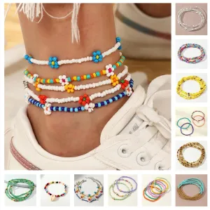 Colorful Czech Glass Seed Beaded Anklet Bracelet Set