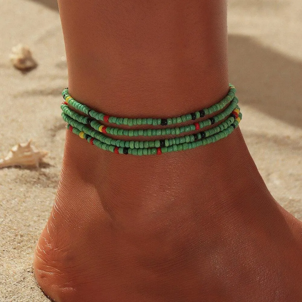 Colorful Czech Glass Seed Beaded Anklet Bracelet Set