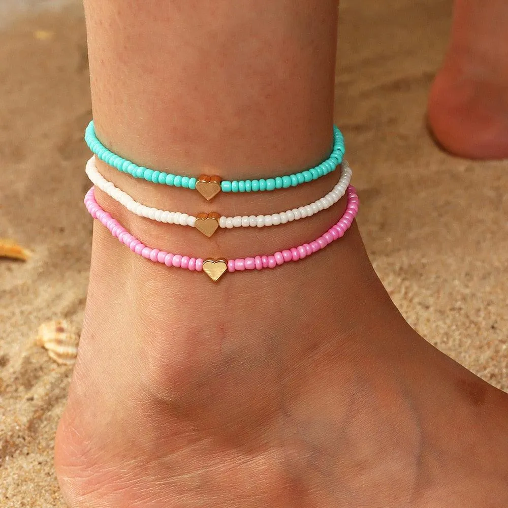 Colorful Czech Glass Seed Beaded Anklet Bracelet Set