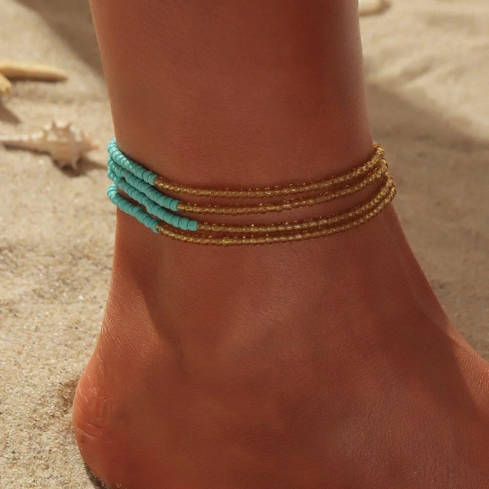 Colorful Czech Glass Seed Beaded Anklet Bracelet Set
