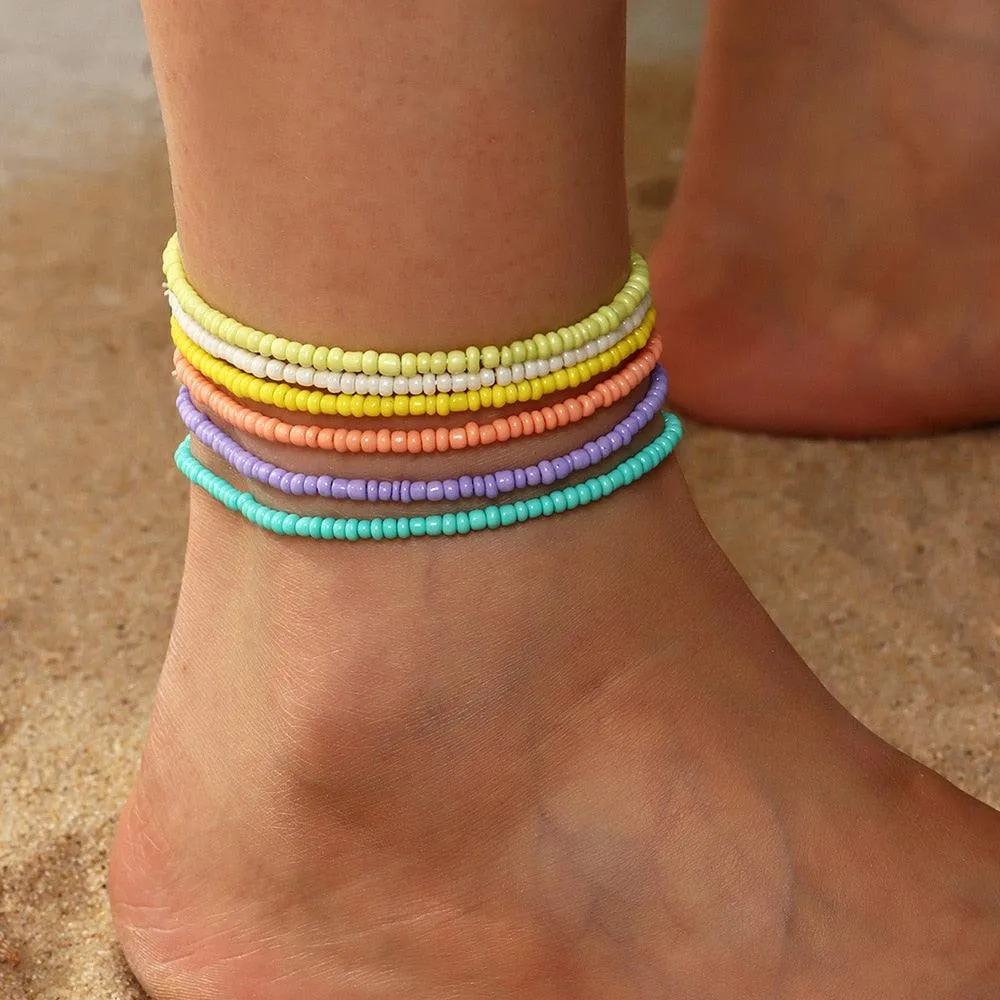 Colorful Czech Glass Seed Beaded Anklet Bracelet Set