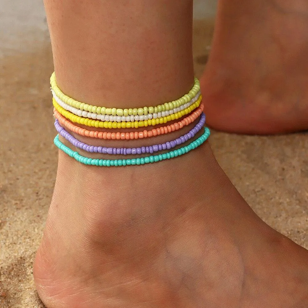 Colorful Czech Glass Seed Beaded Anklet Bracelet Set