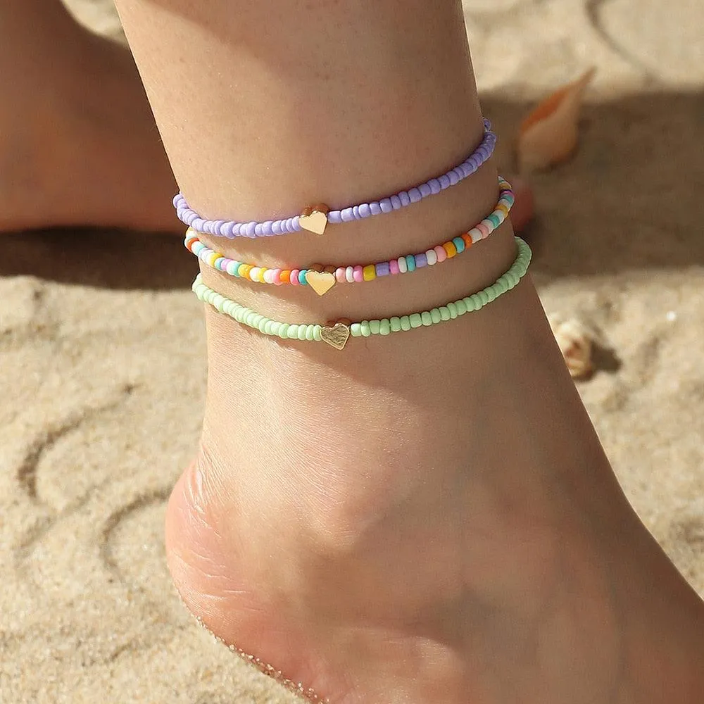 Colorful Czech Glass Seed Beaded Anklet Bracelet Set