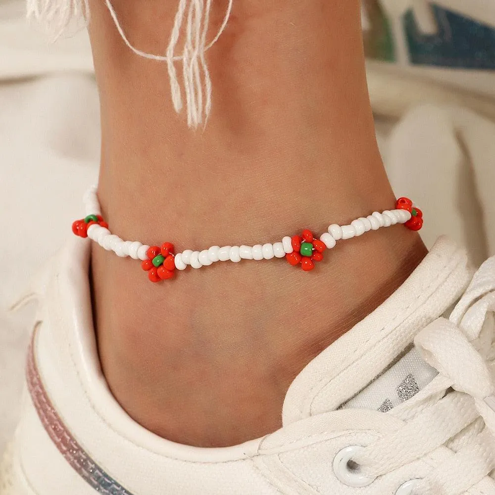 Colorful Czech Glass Seed Beaded Anklet Bracelet Set