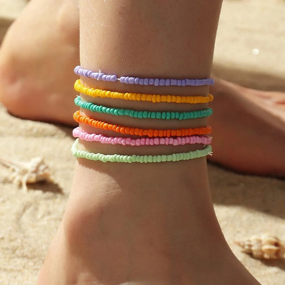 Colorful Czech Glass Seed Beaded Anklet Bracelet Set