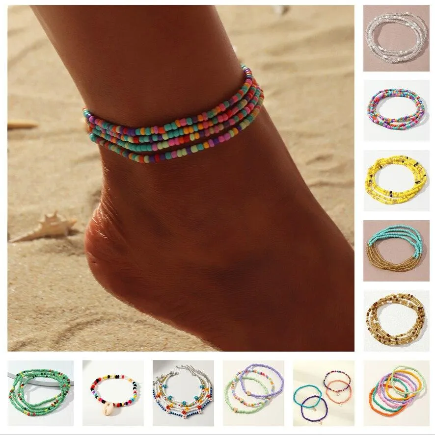 Colorful Czech Glass Seed Beaded Anklet Bracelet Set