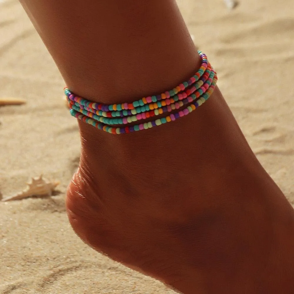 Colorful Czech Glass Seed Beaded Anklet Bracelet Set