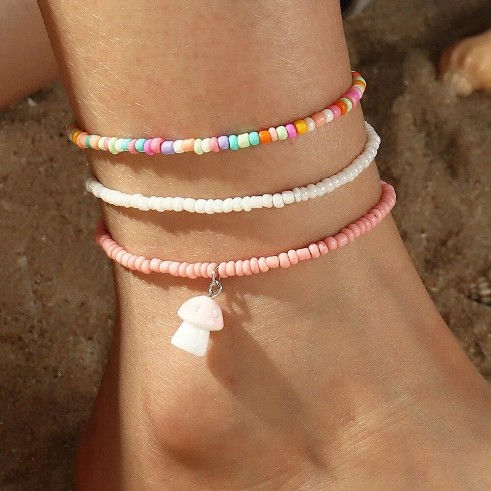 Colorful Czech Glass Seed Beaded Anklet Bracelet Set