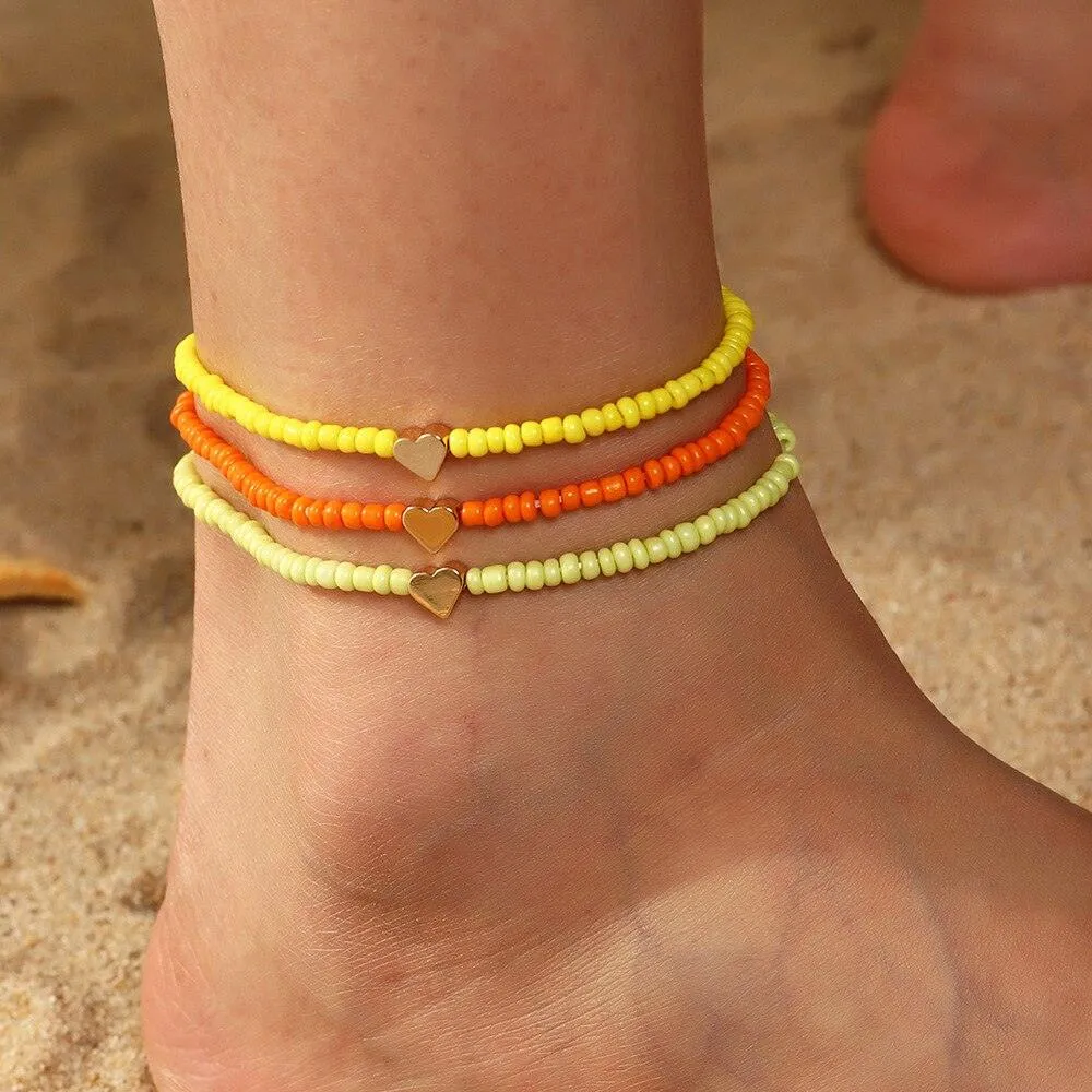 Colorful Czech Glass Seed Beaded Anklet Bracelet Set