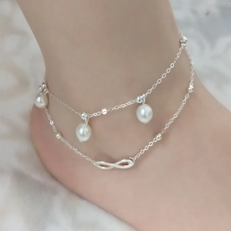 Double Layer Pearl Anklet Women Handmade Beaded Double Chain Anklet