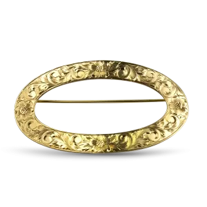 Estate 14K Yellow Gold Engraved Open Oval Brooch