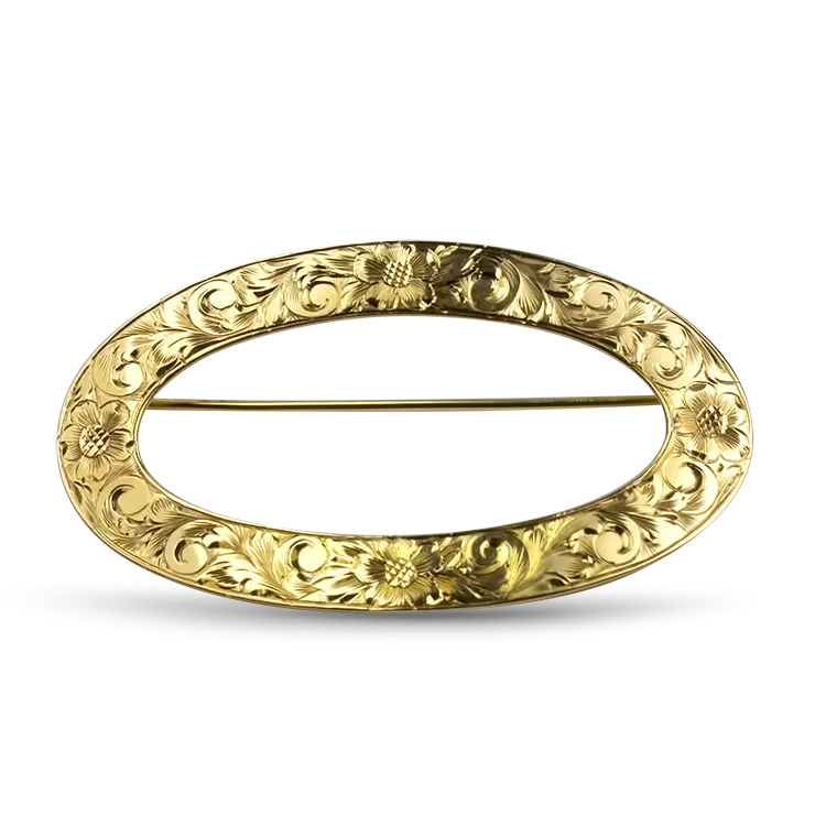 Estate 14K Yellow Gold Engraved Open Oval Brooch