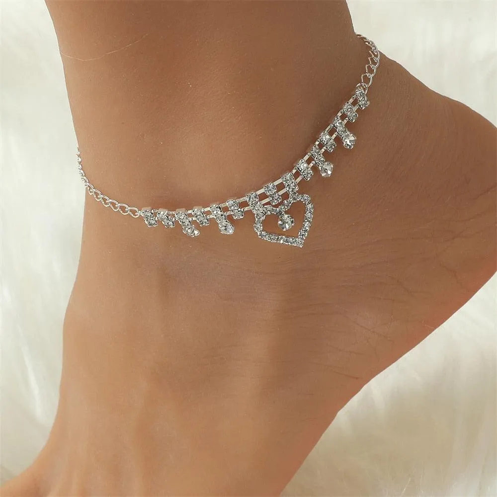 Fashion Silver Color Rhinestone Double Heart Anklet