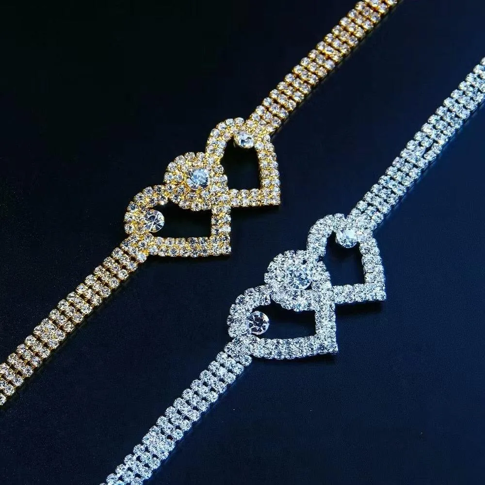 Fashion Silver Color Rhinestone Double Heart Anklet