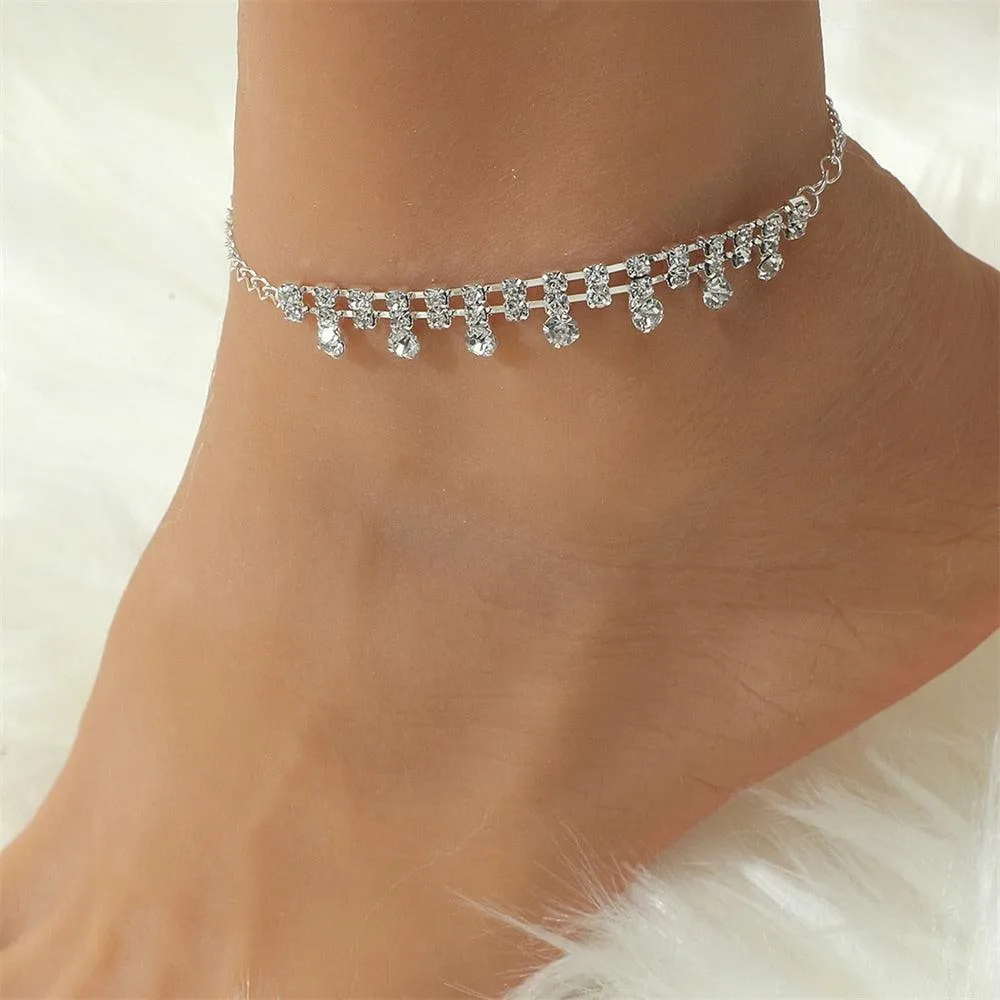 Fashion Silver Color Rhinestone Double Heart Anklet