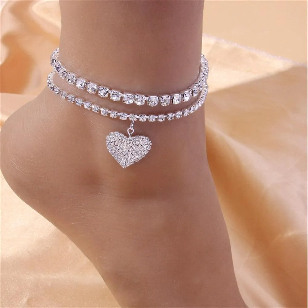 Fashion Silver Color Rhinestone Double Heart Anklet