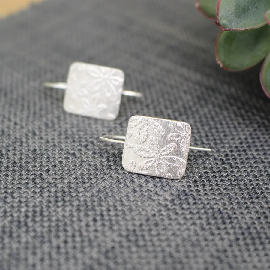 Floral Tag Drop Silver Earrings