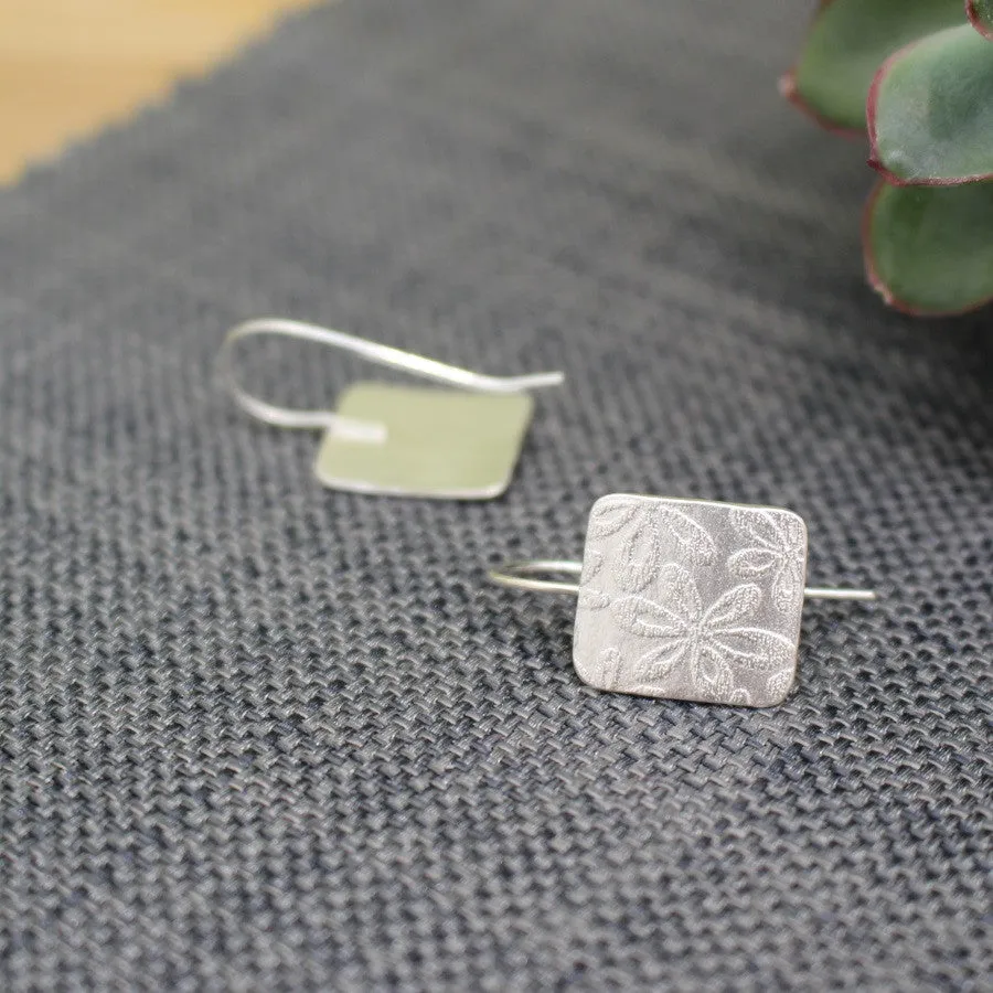 Floral Tag Drop Silver Earrings