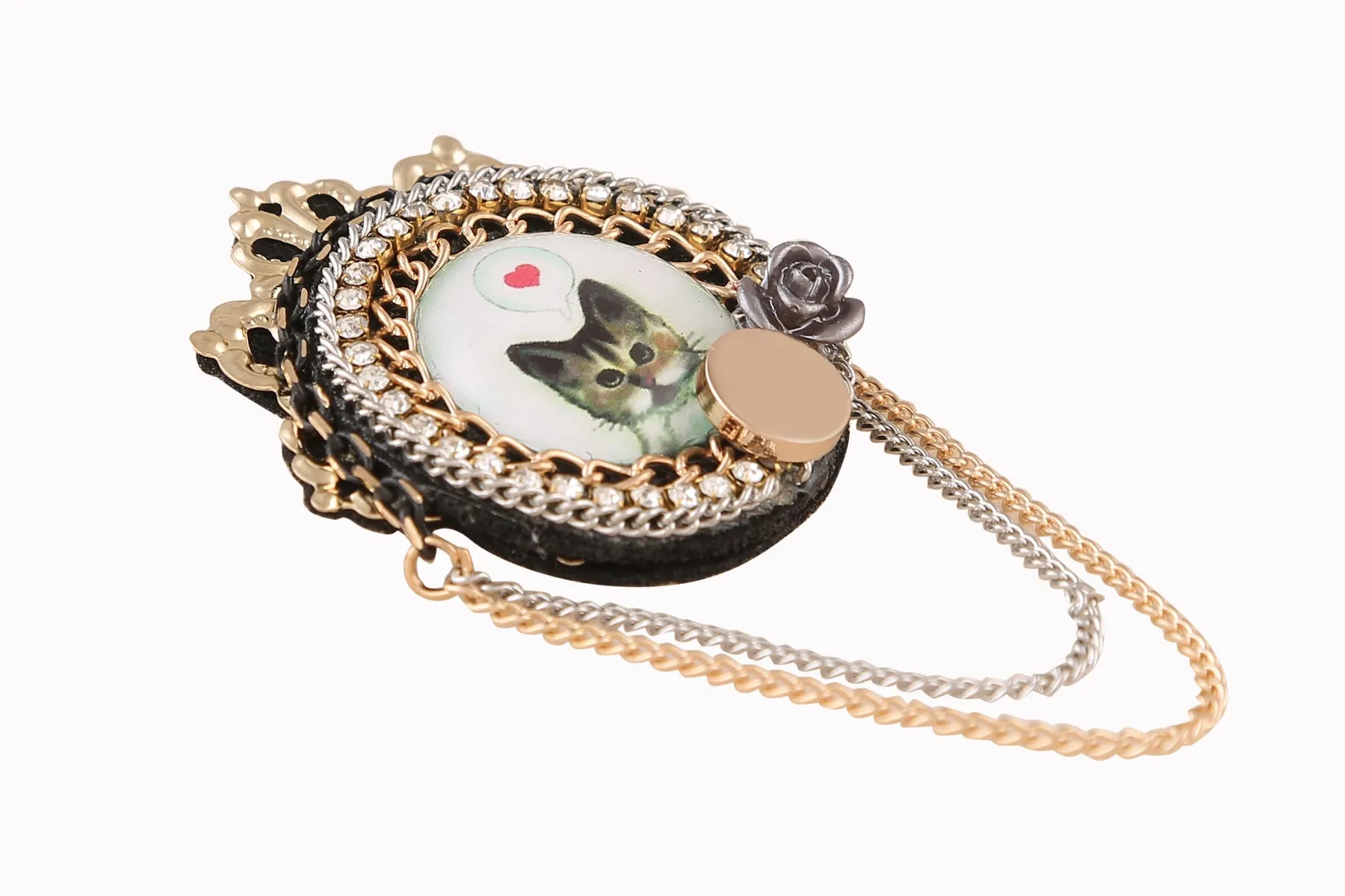 Handmade Diamond and Chain Embellished Brooch Pin