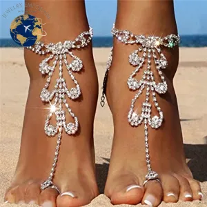 Huitan Trendy Rhinestone Toe Loop Anklet for Women in Silver and Gold - 1 Piece CZ Ankle Bracelet for Barefoot Foot Jewelry