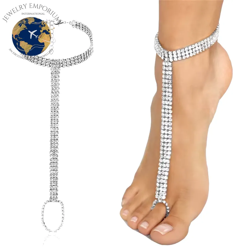 Huitan Trendy Rhinestone Toe Loop Anklet for Women in Silver and Gold - 1 Piece CZ Ankle Bracelet for Barefoot Foot Jewelry