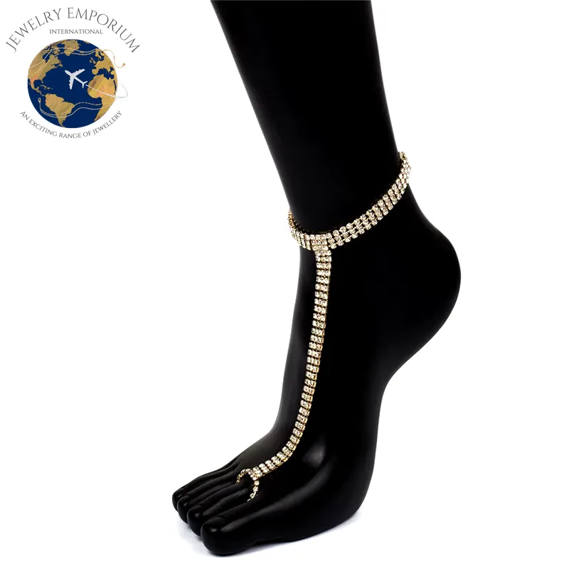 Huitan Trendy Rhinestone Toe Loop Anklet for Women in Silver and Gold - 1 Piece CZ Ankle Bracelet for Barefoot Foot Jewelry
