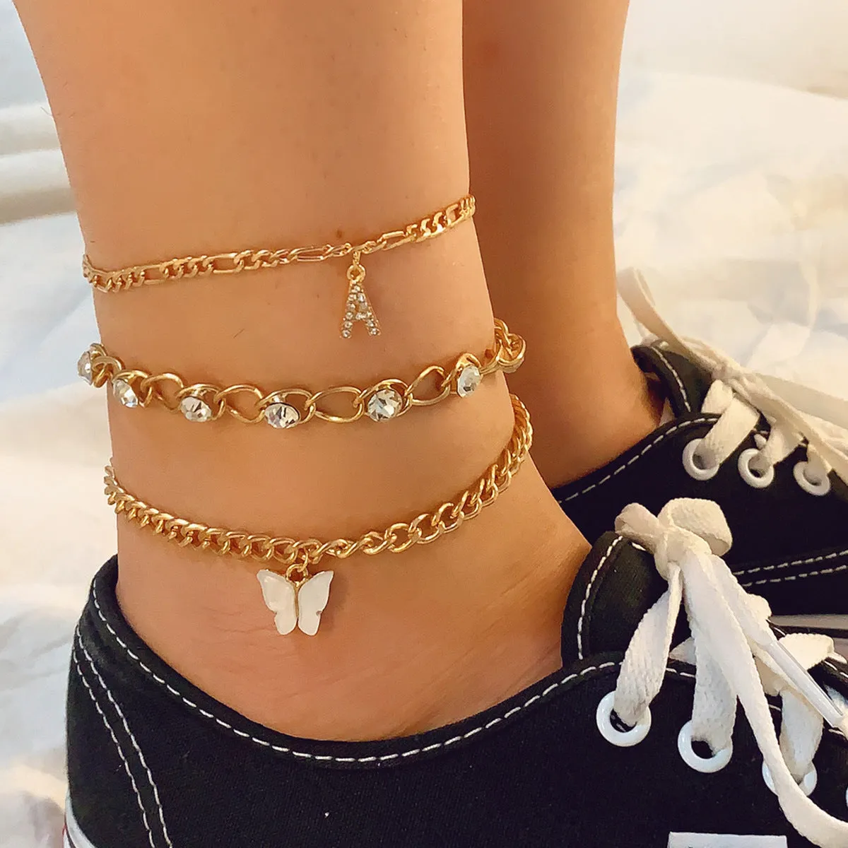 Letter Butterfly Anklet With Diamond Chain