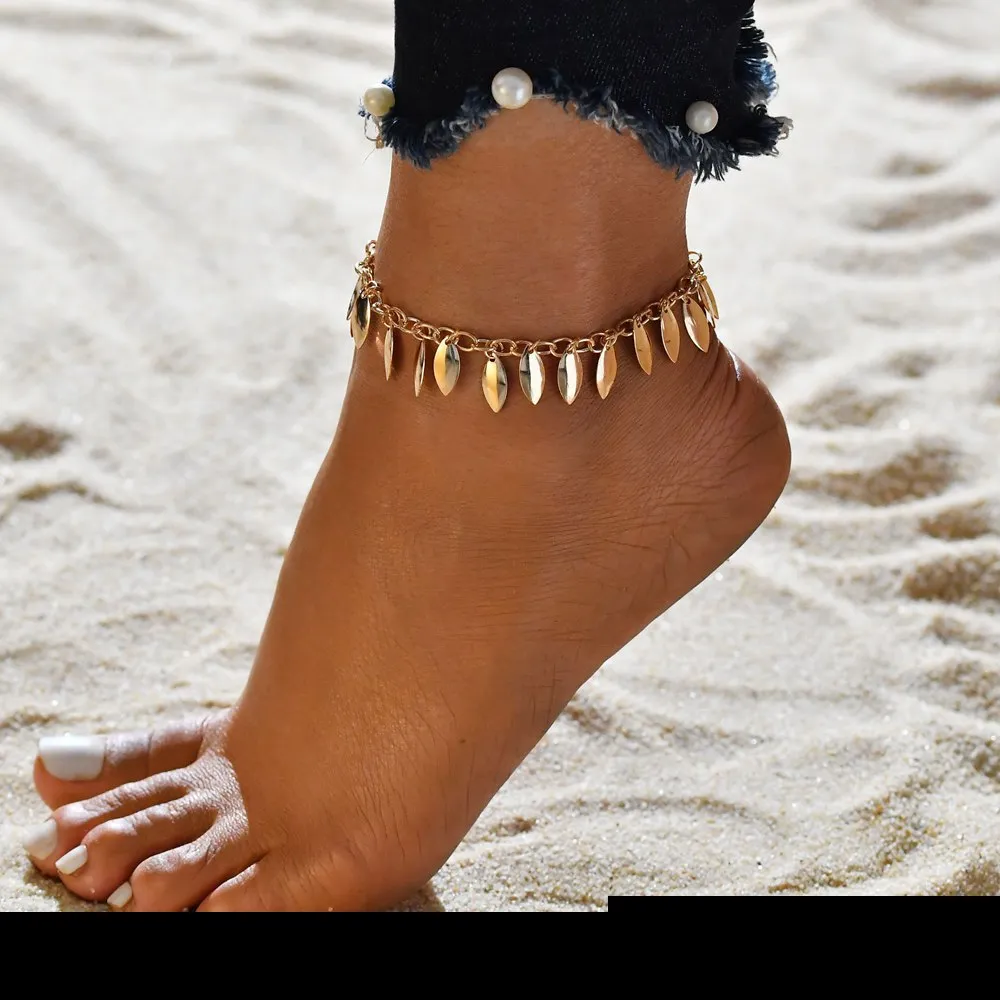 Minimalist Metal Texture Chain Leaf  3 Set Anklet