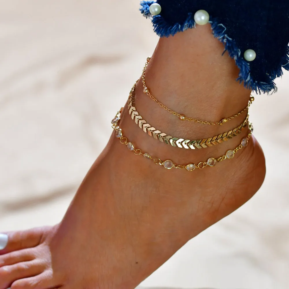 Minimalist Metal Texture Chain Leaf  3 Set Anklet