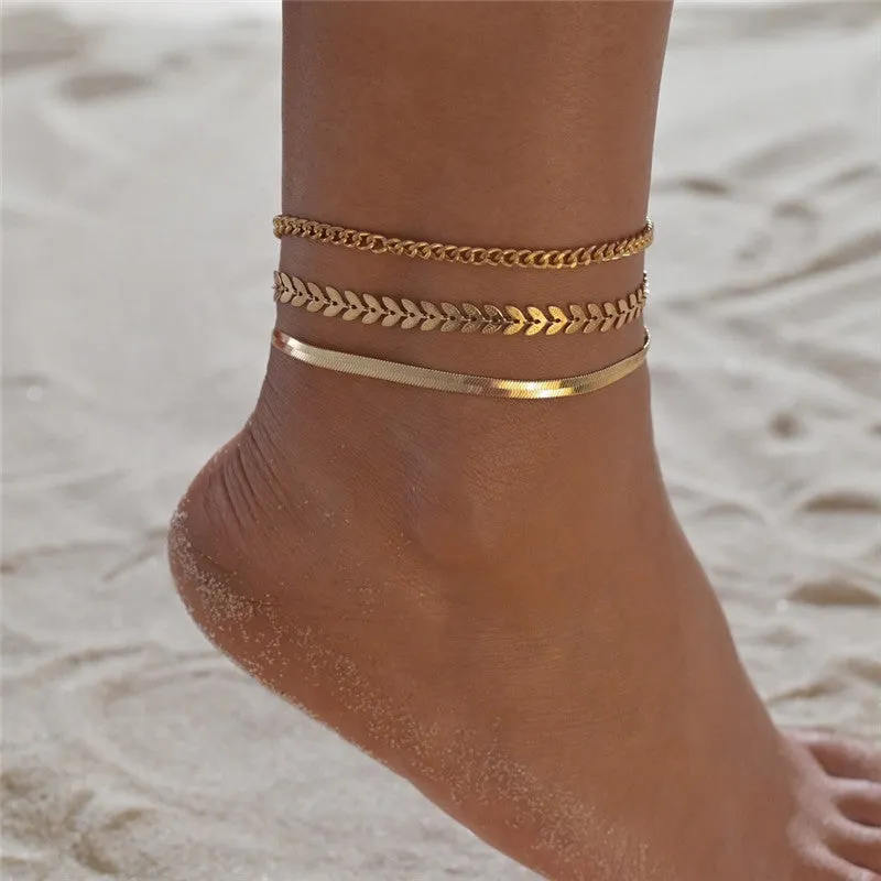 Minimalist Metal Texture Chain Leaf  3 Set Anklet