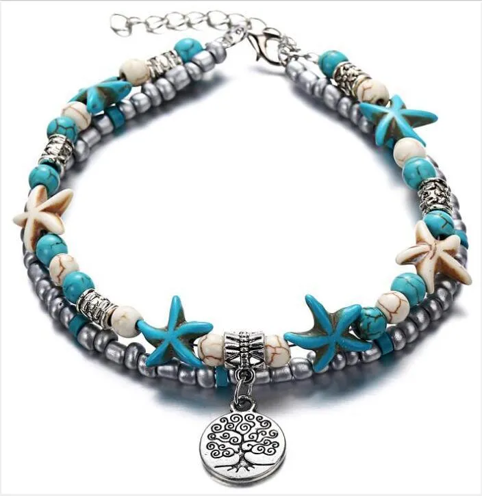 Minimalist Starfish with Green & Blue Accents Beaded Anklet