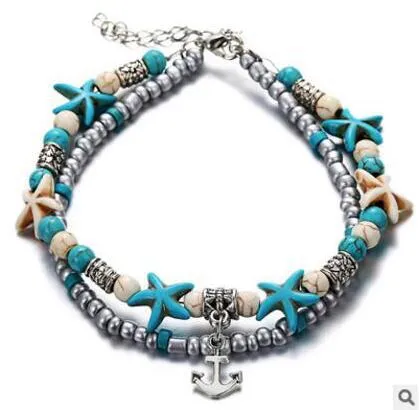 Minimalist Starfish with Green & Blue Accents Beaded Anklet