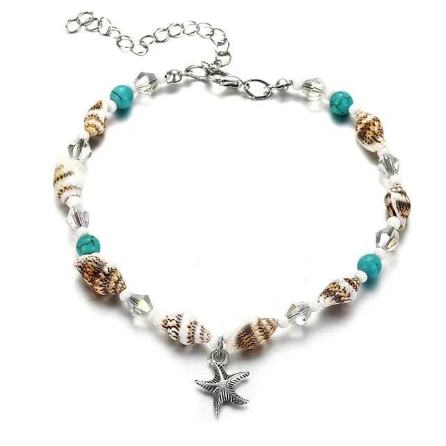 Minimalist Starfish with Green & Blue Accents Beaded Anklet