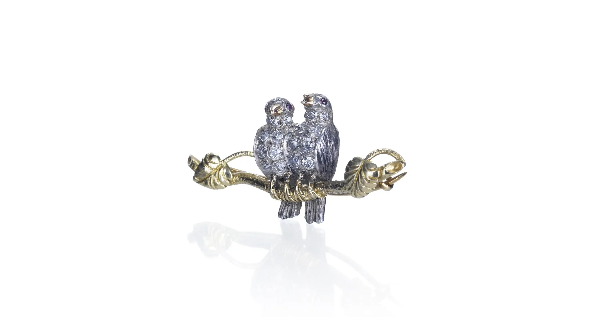 Old Mine Cut Diamond & Ruby 'Lovebird' Bird Pin