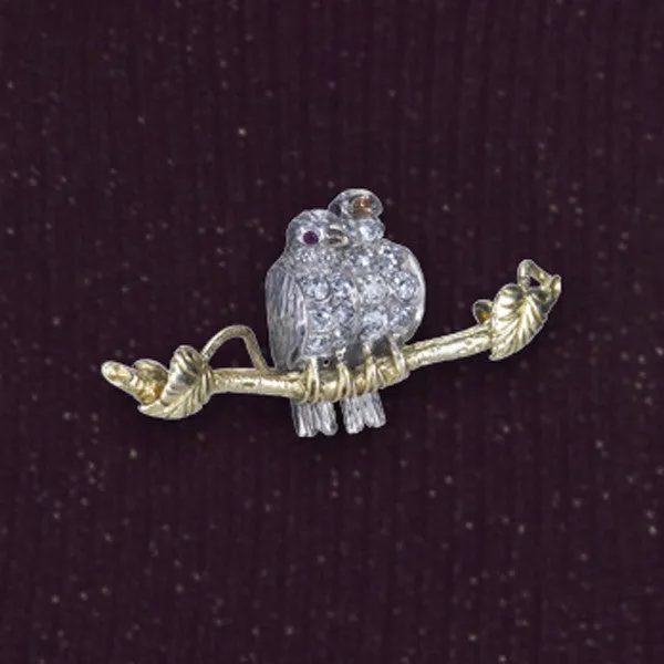 Old Mine Cut Diamond & Ruby 'Lovebird' Bird Pin