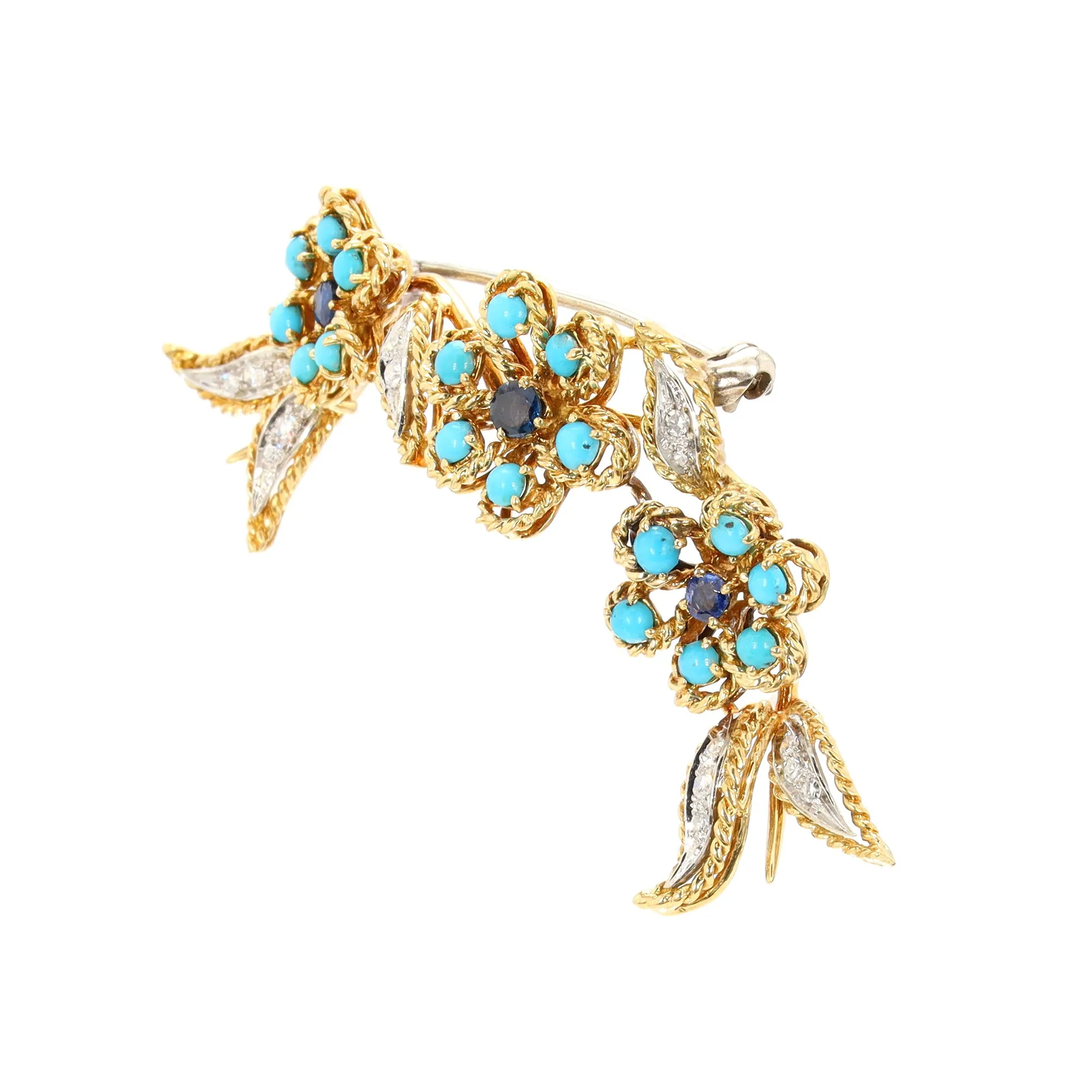 Sapphire, Turquoise, and Diamond Floral Pin