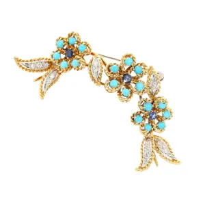 Sapphire, Turquoise, and Diamond Floral Pin