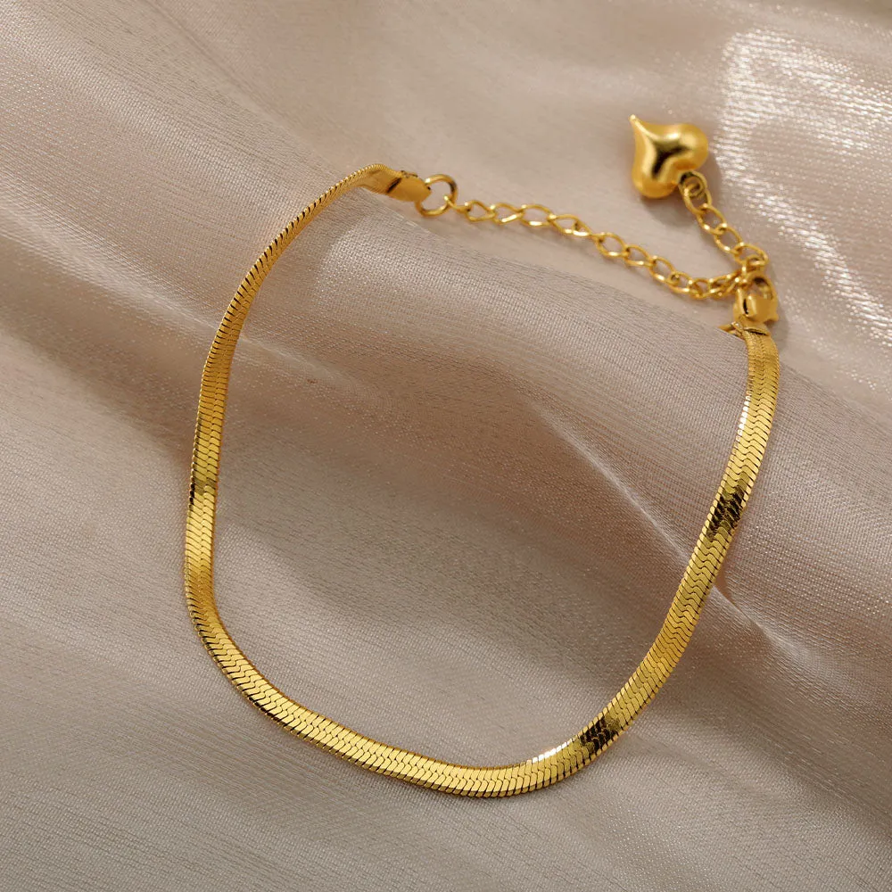 Snake Chain Anklets For Women 3mm Cuban Chain Stainless Steel Stacking Snake Anklet With Heart Summer Beach Accessories