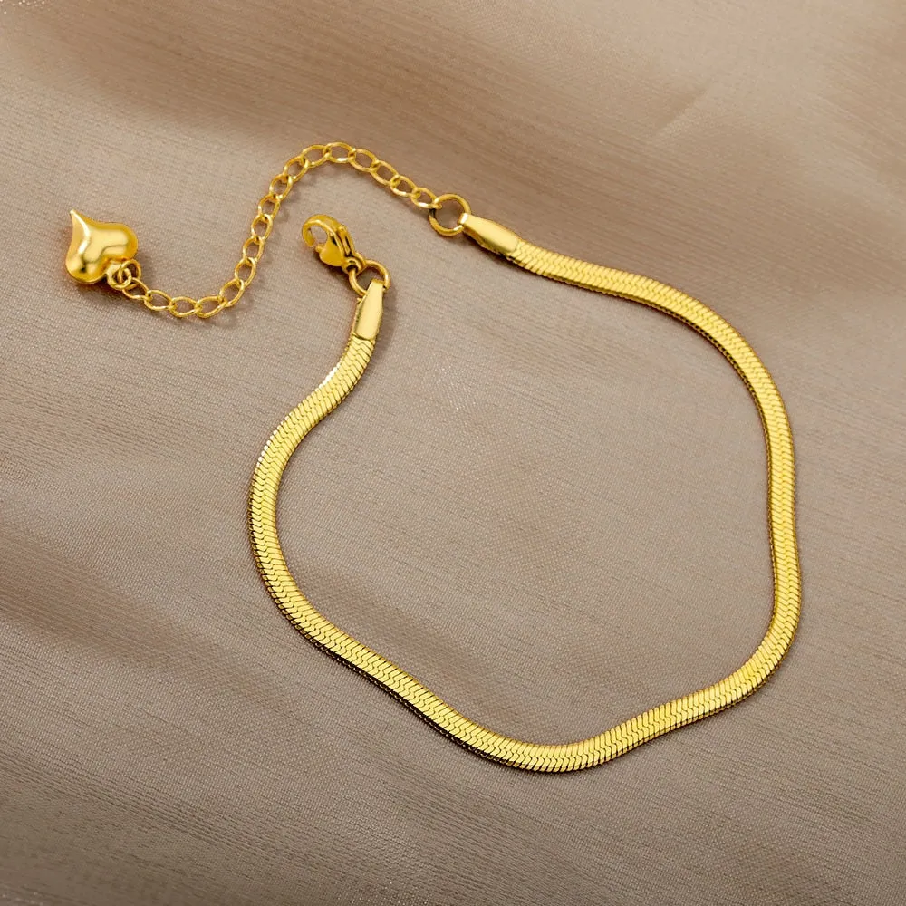 Snake Chain Anklets For Women 3mm Cuban Chain Stainless Steel Stacking Snake Anklet With Heart Summer Beach Accessories