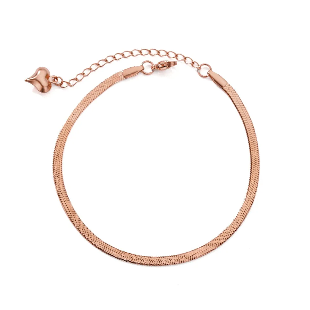 Snake Chain Anklets For Women 3mm Cuban Chain Stainless Steel Stacking Snake Anklet With Heart Summer Beach Accessories