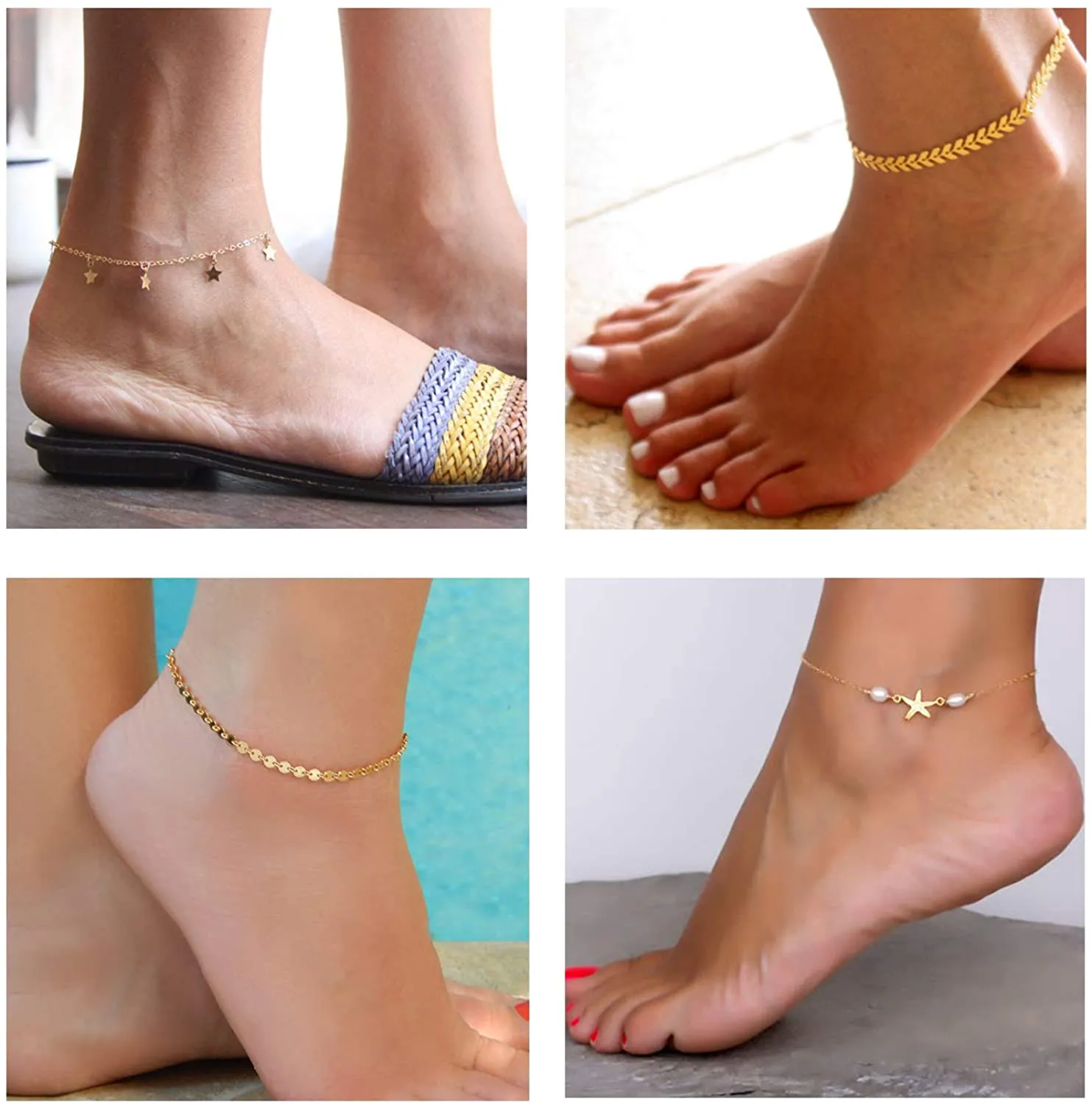 Softones 16Pcs Ankle Bracelets for Women Girls Gold Silver Two Style Chain Beach Anklet Bracelet Jewelry Anklet Set,Adjustable Size
